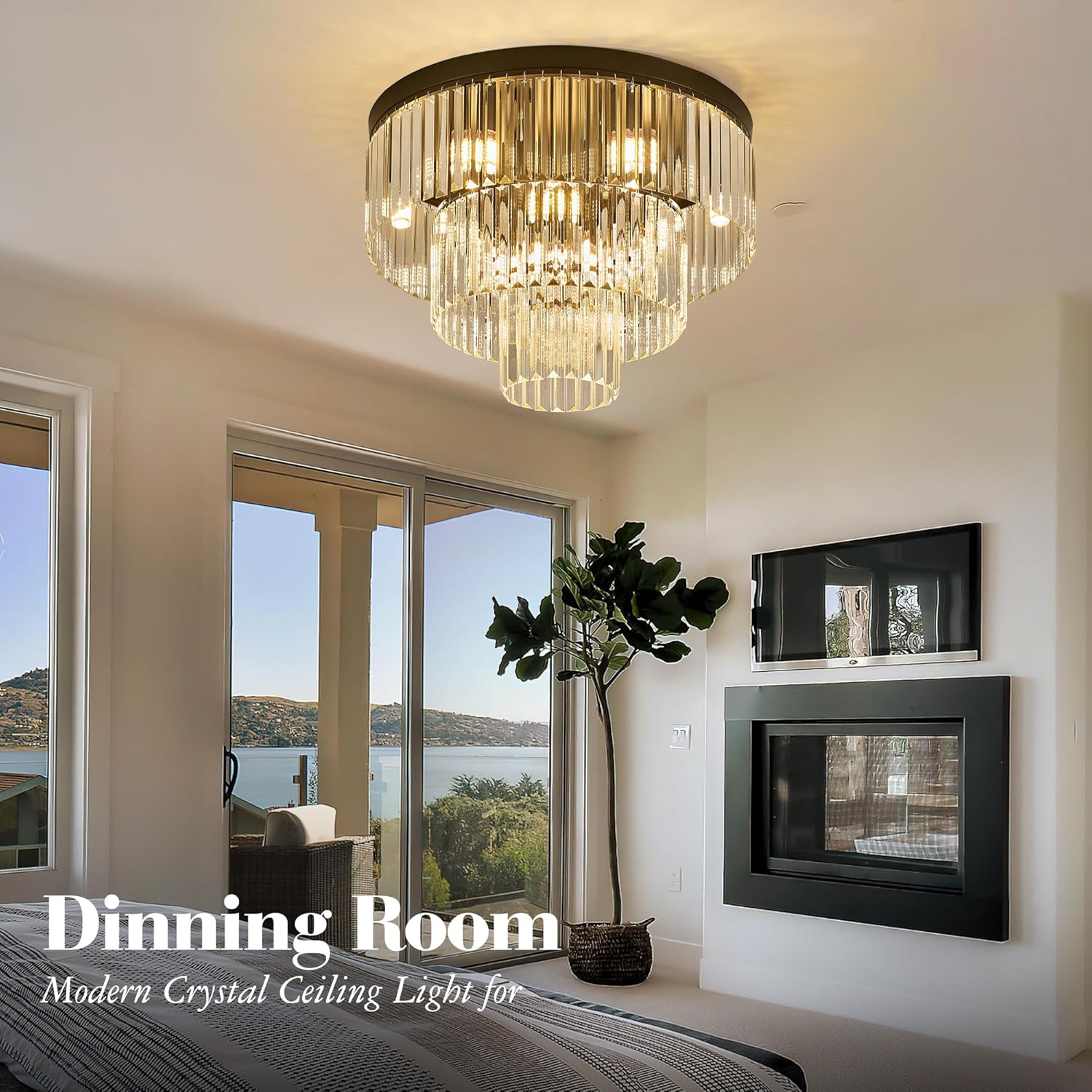 Modern Black Tiered Crystal Flush Mount Chandelier E12 21.6 Inch
