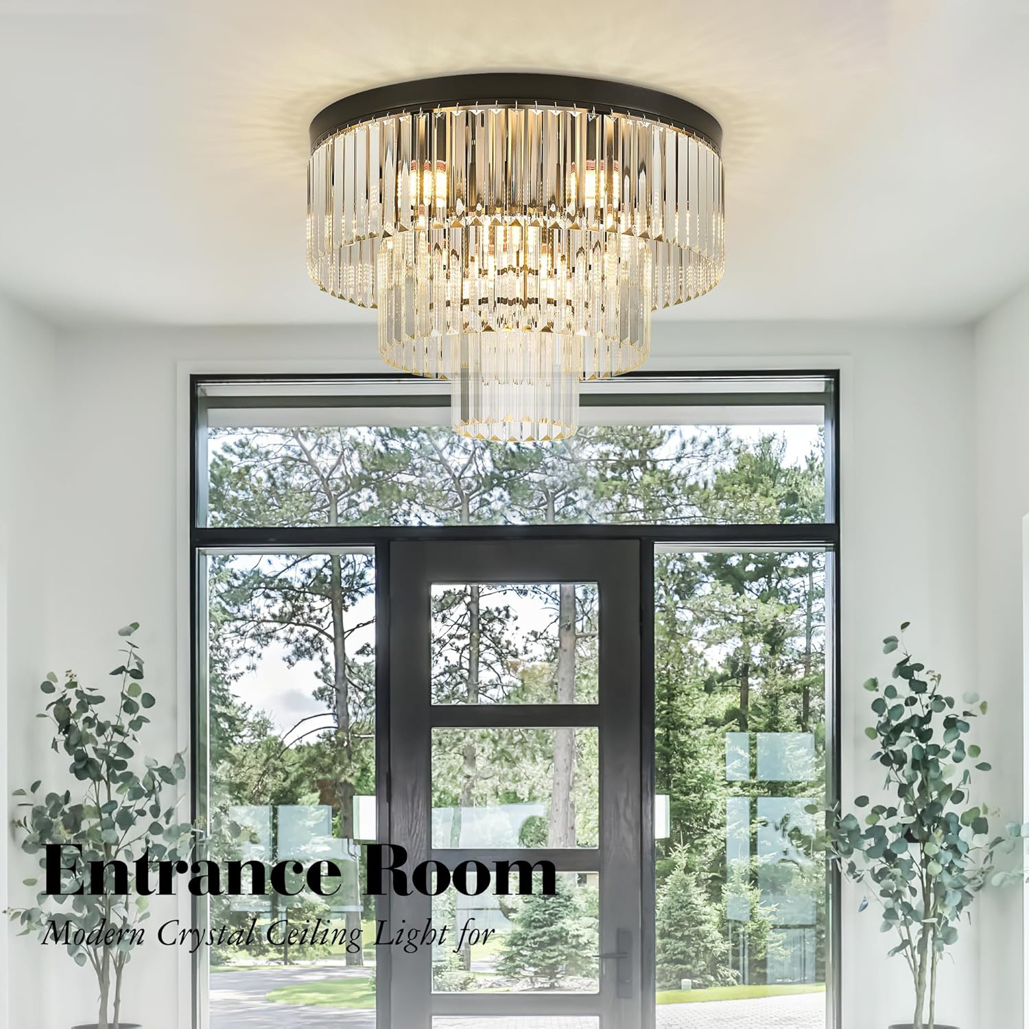 Modern Black Tiered Crystal Flush Mount Chandelier E12 21.6 Inch