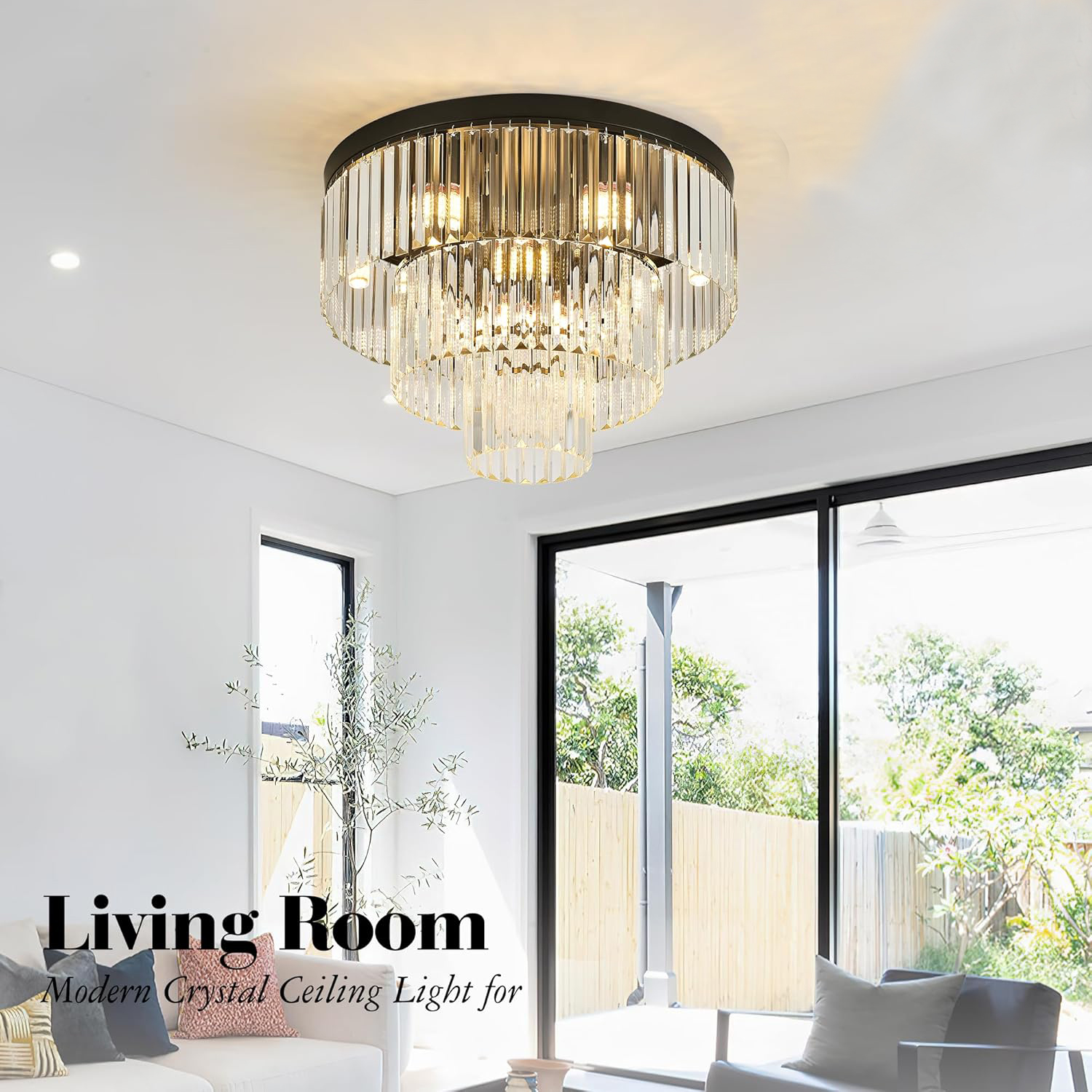 Modern Black Tiered Crystal Flush Mount Chandelier E12 21.6 Inch