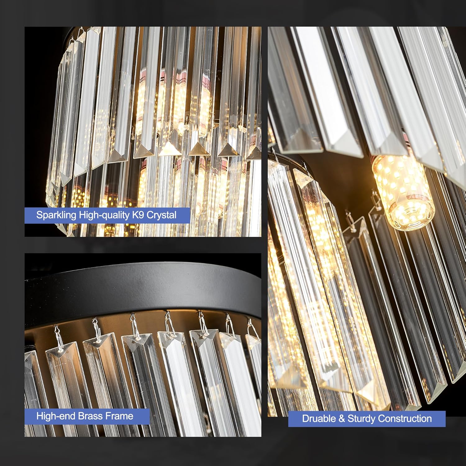 Modern Black Tiered Crystal Flush Mount Chandelier E12 21.6 Inch