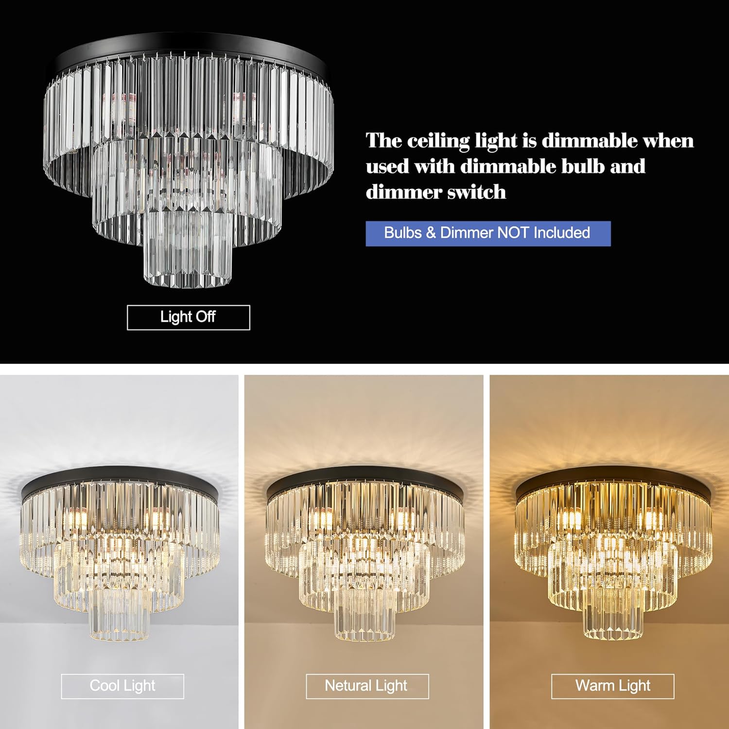 Modern Black Tiered Crystal Flush Mount Chandelier E12 21.6 Inch