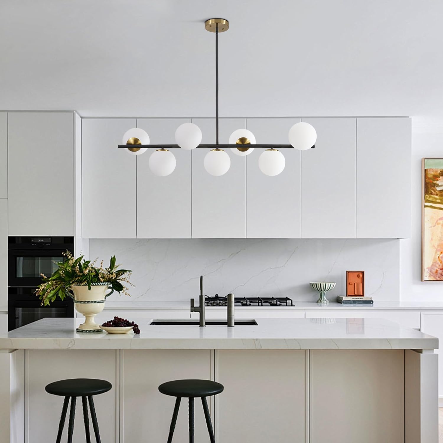 Modern 6-Light Black and Gold Globe Chandelier Linear Pendant Light with White Glass Shades