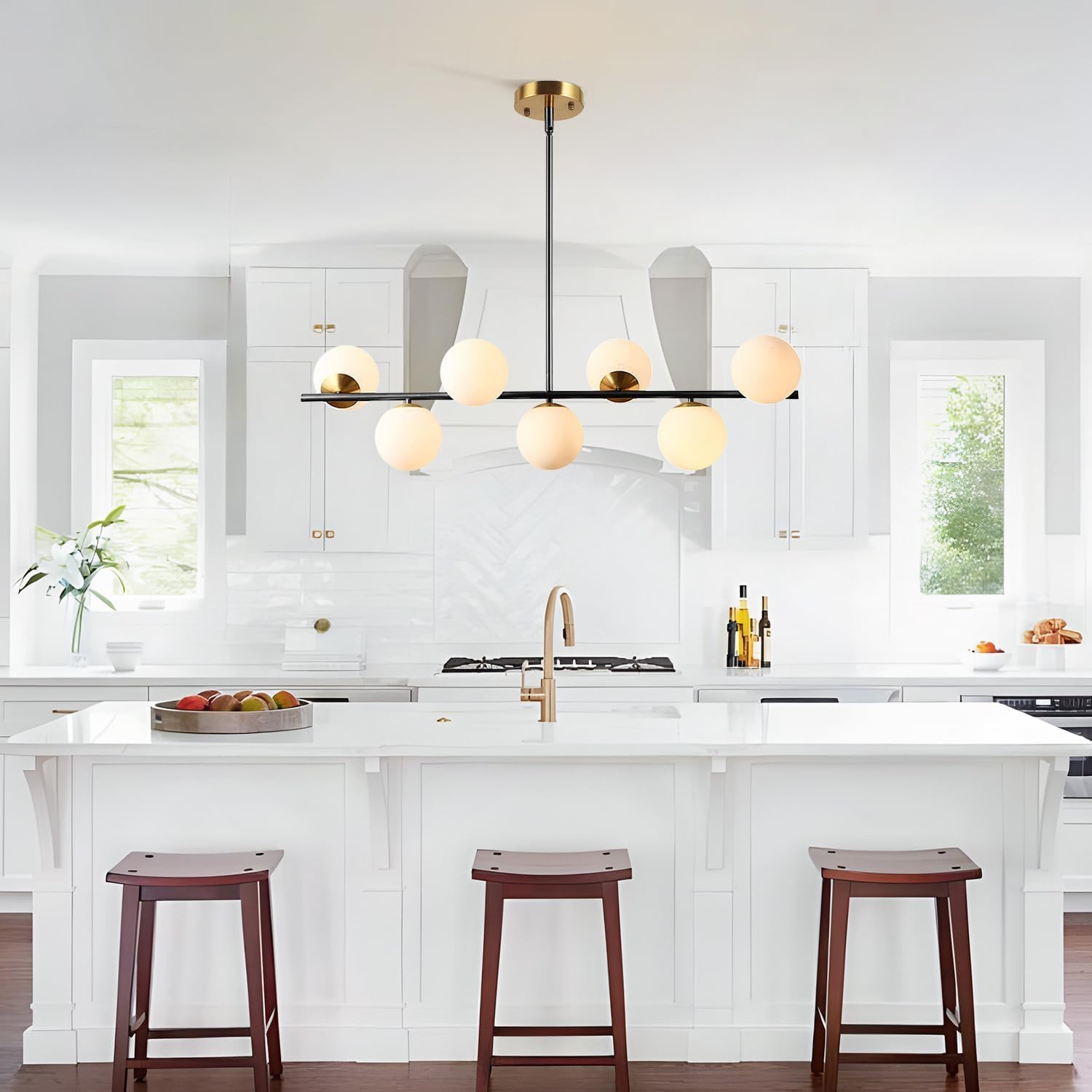Modern 6-Light Black and Gold Globe Chandelier Linear Pendant Light with White Glass Shades