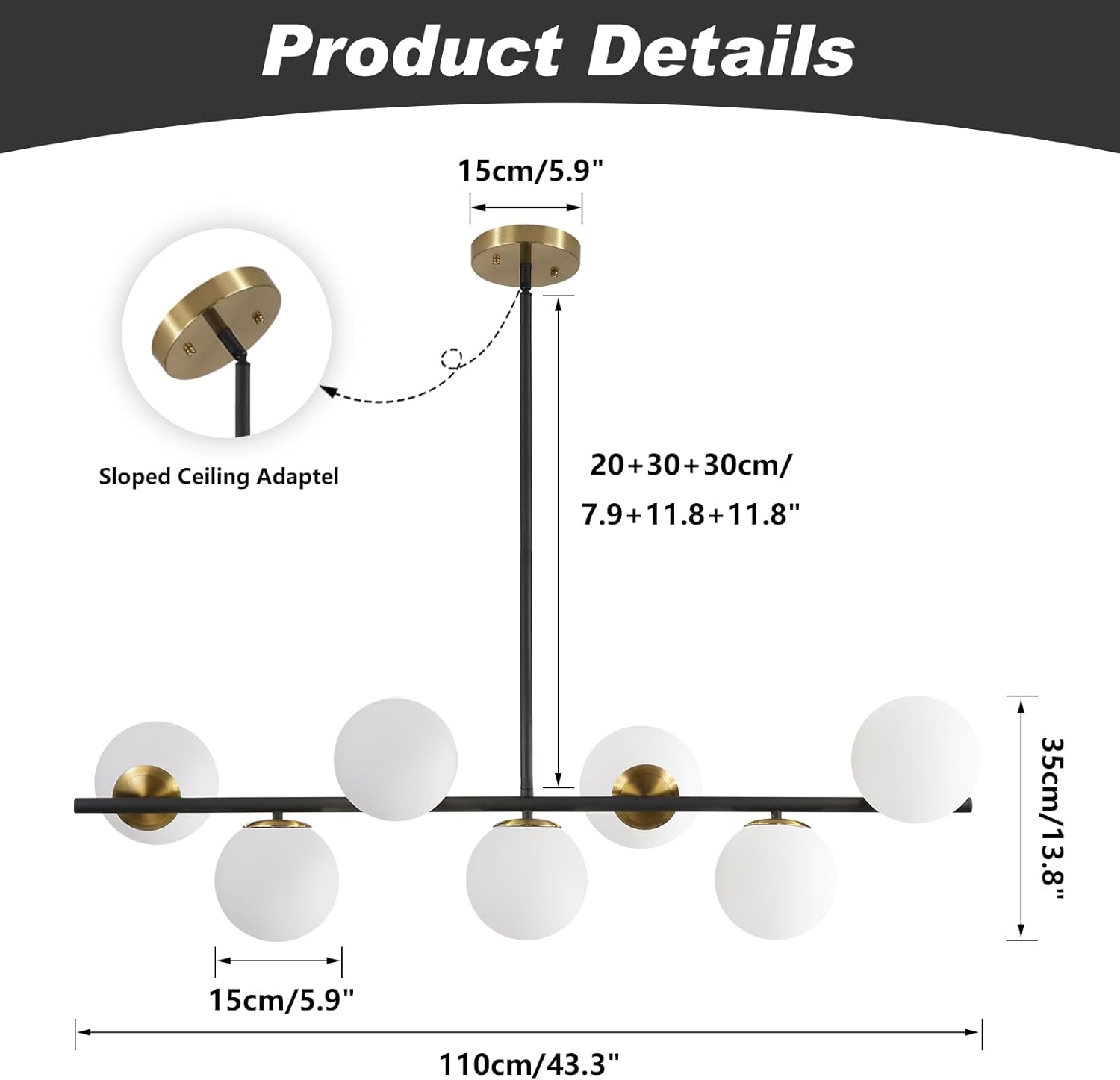 Modern 6-Light Black and Gold Globe Chandelier Linear Pendant Light with White Glass Shades