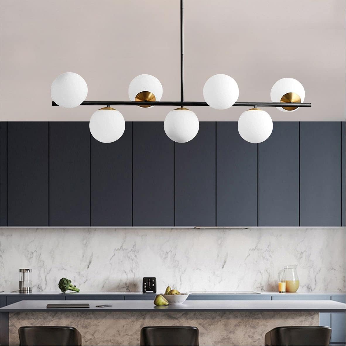 Modern 6-Light Black and Gold Globe Chandelier Linear Pendant Light with White Glass Shades