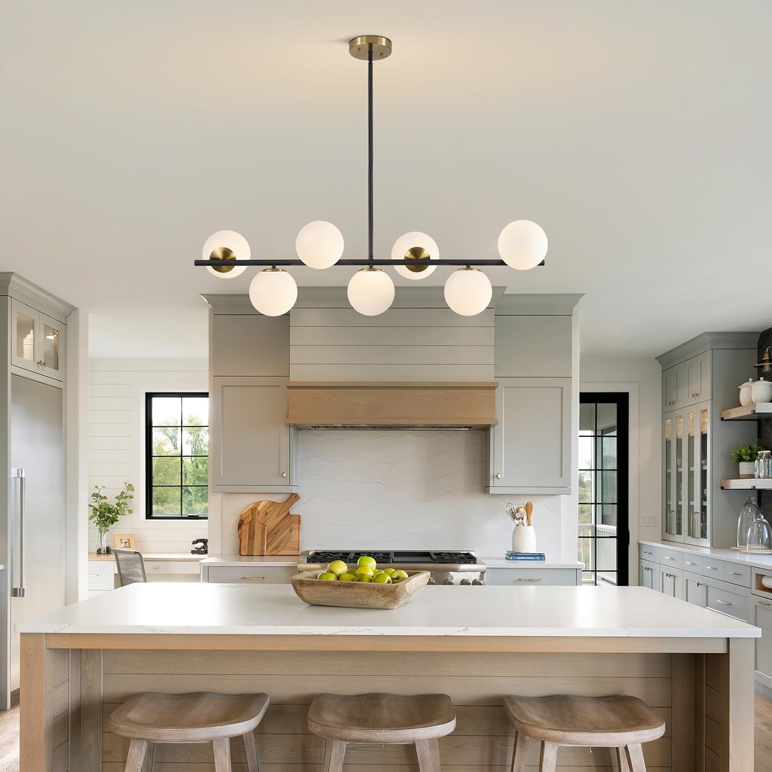 Modern 6-Light Black and Gold Globe Chandelier Linear Pendant Light with White Glass Shades