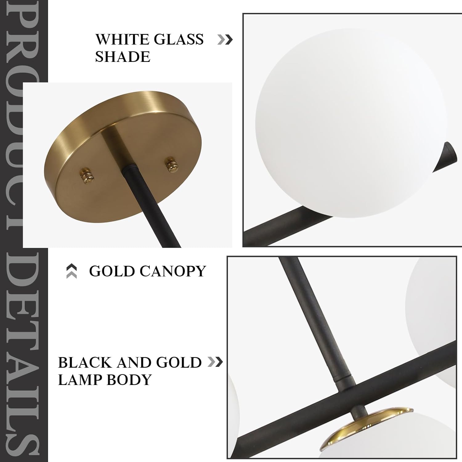 Modern 6-Light Black and Gold Globe Chandelier Linear Pendant Light with White Glass Shades