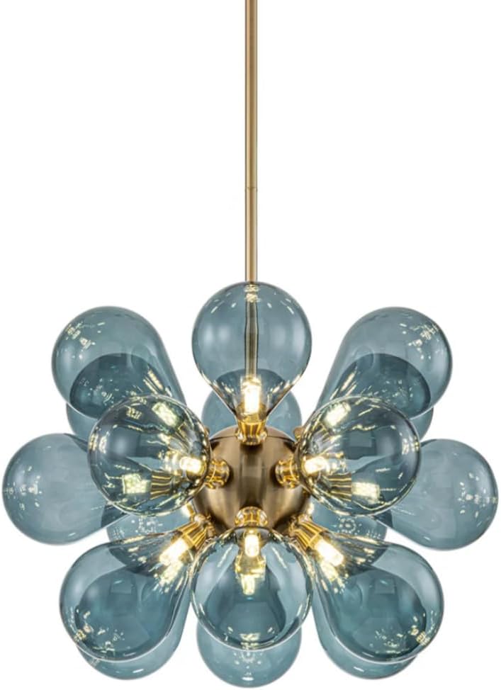 Modern 18-Light Blue Glass Globe Chandelier Gold Adjustable Rod Pendant Light