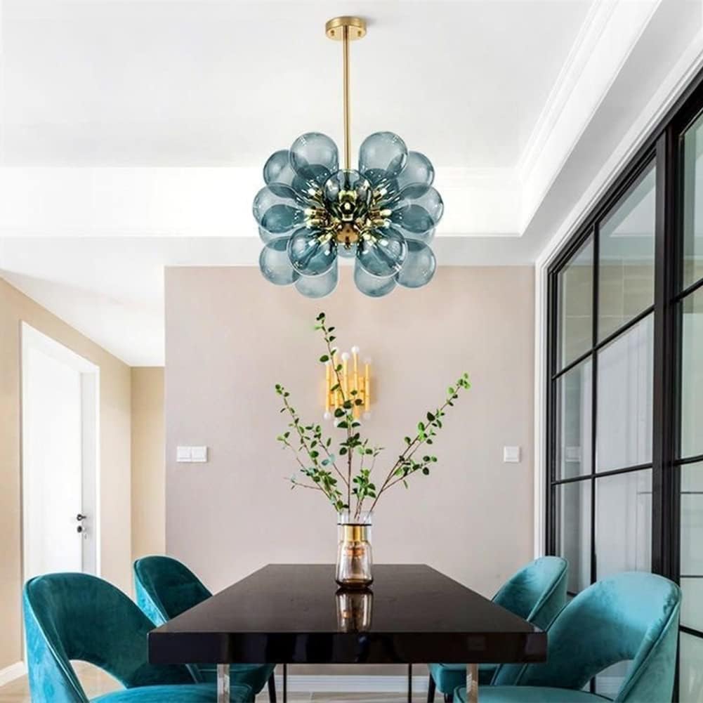 Modern 18-Light Blue Glass Globe Chandelier Gold Adjustable Rod Pendant Light
