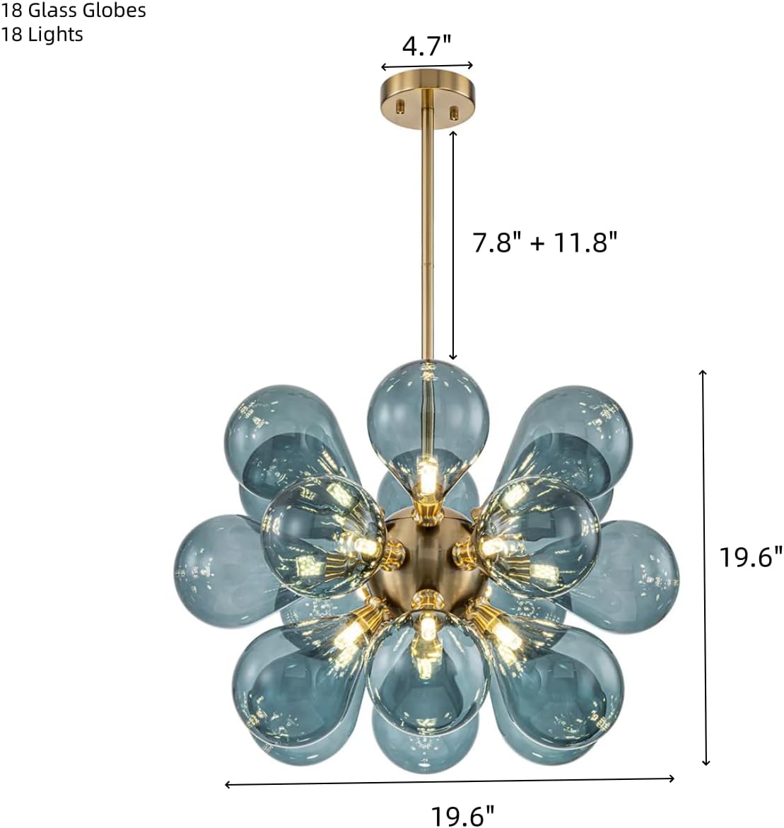 Modern 18-Light Blue Glass Globe Chandelier Gold Adjustable Rod Pendant Light