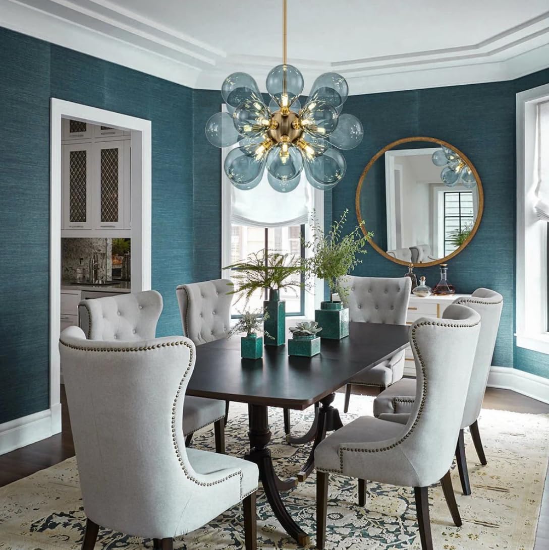 Modern 18-Light Blue Glass Globe Chandelier Gold Adjustable Rod Pendant Light