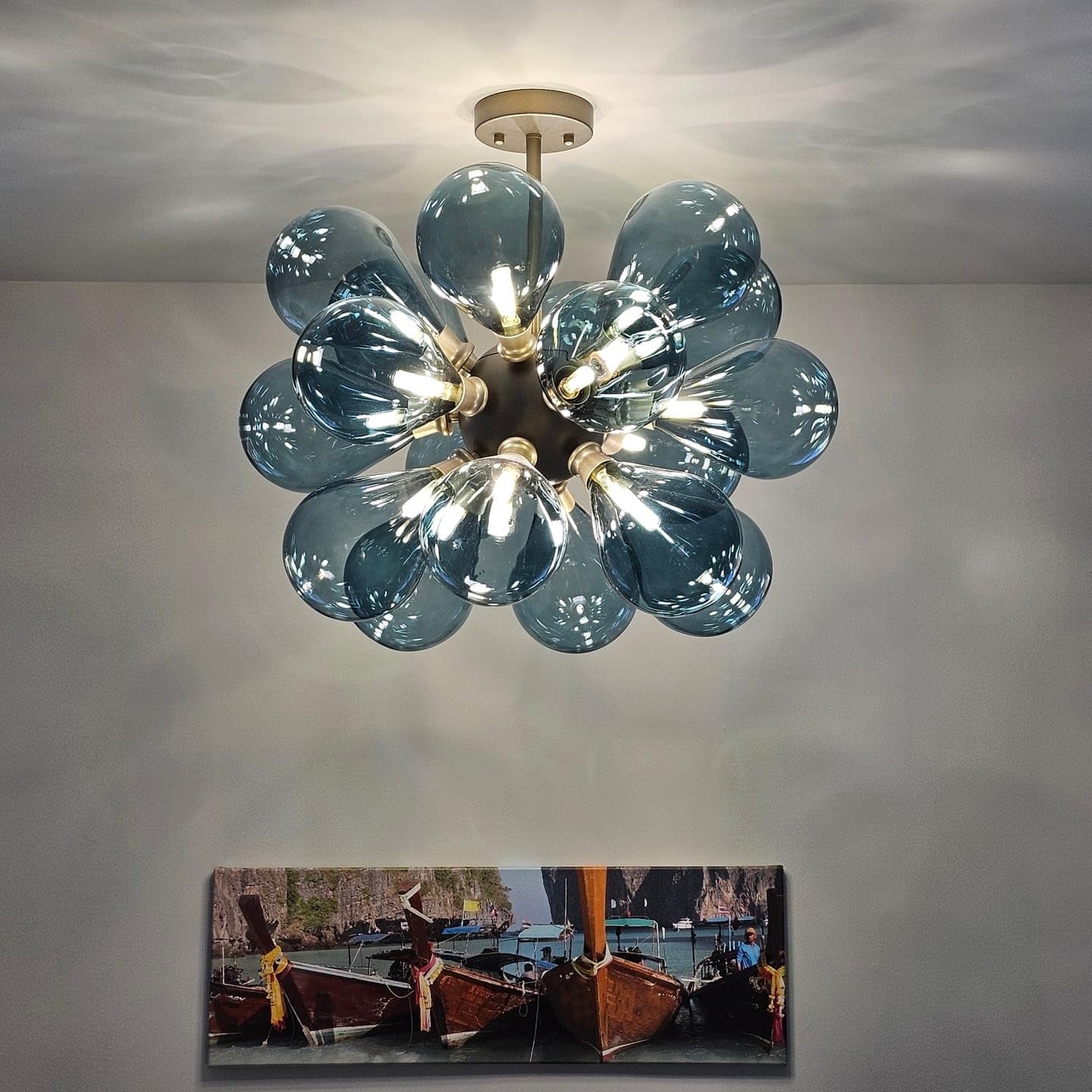 Modern 18-Light Blue Glass Globe Chandelier Gold Adjustable Rod Pendant Light