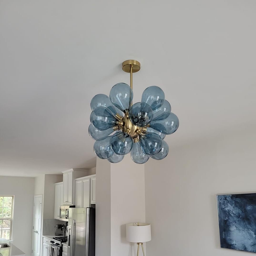 Modern 18-Light Blue Glass Globe Chandelier Gold Adjustable Rod Pendant Light