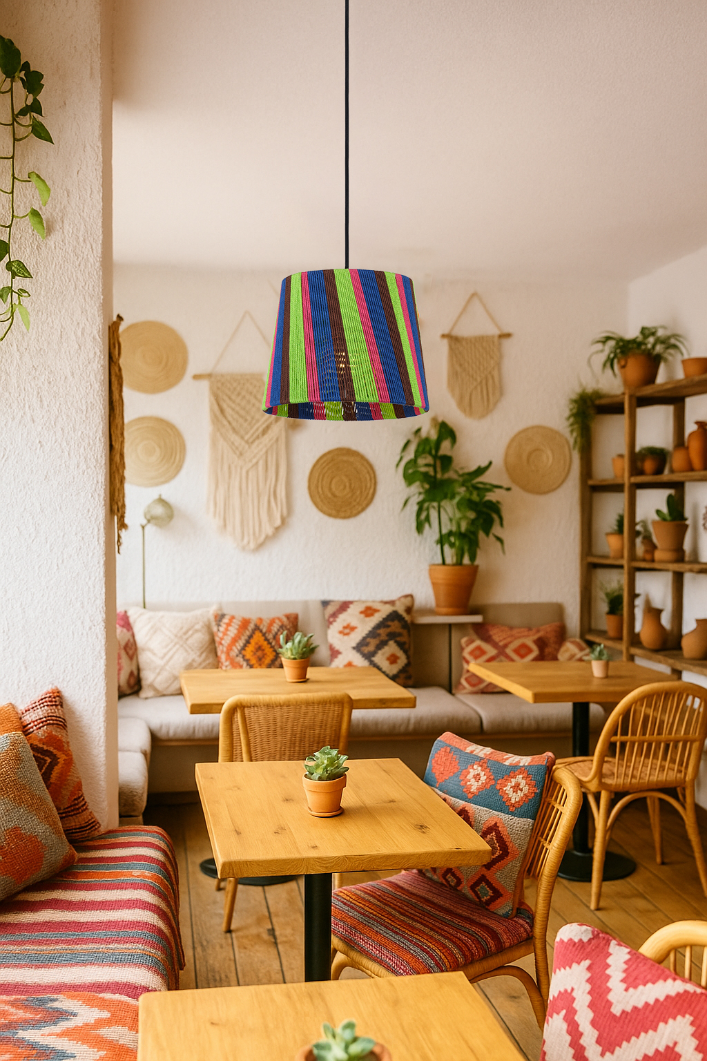 Vibrant Multicolor Cotton String Pendant Light - Handmade Artistic Woven Lampshade