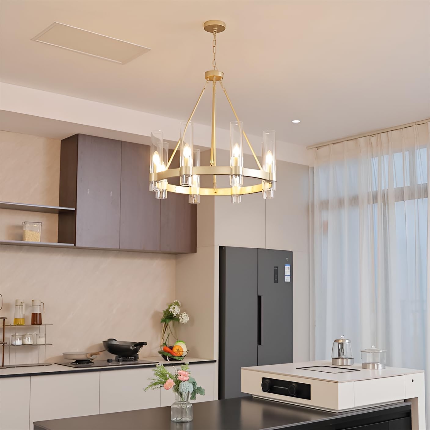 Modern Gold 8-Light Round Chandelier with Clear Glass Shades for Dining Room