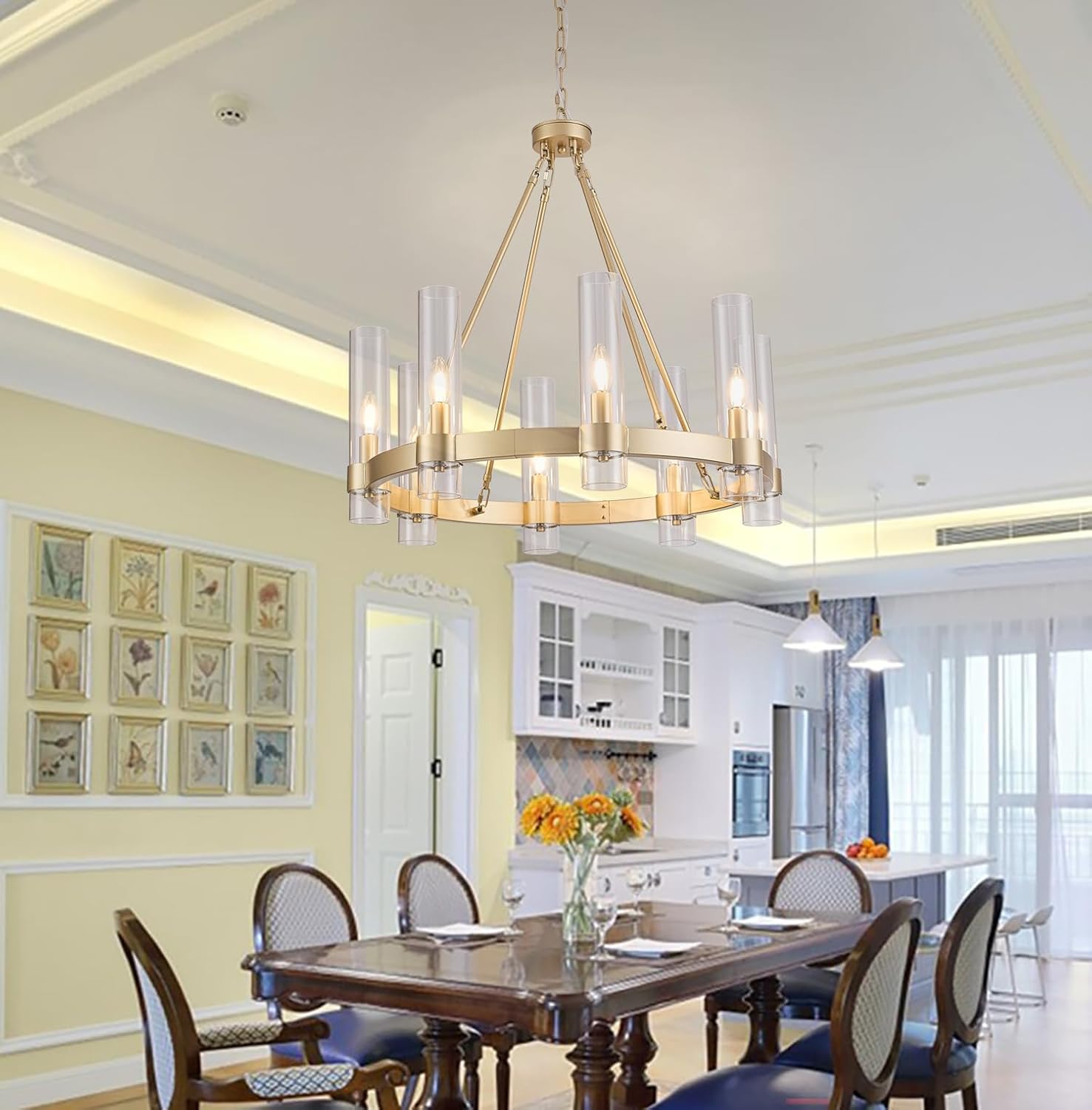Modern Gold 8-Light Round Chandelier with Clear Glass Shades for Dining Room