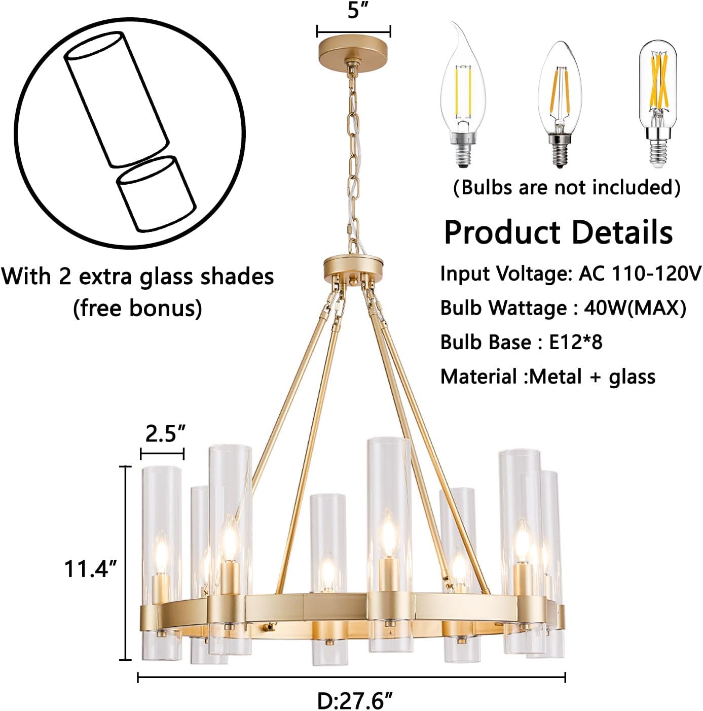 Modern Gold 8-Light Round Chandelier with Clear Glass Shades for Dining Room