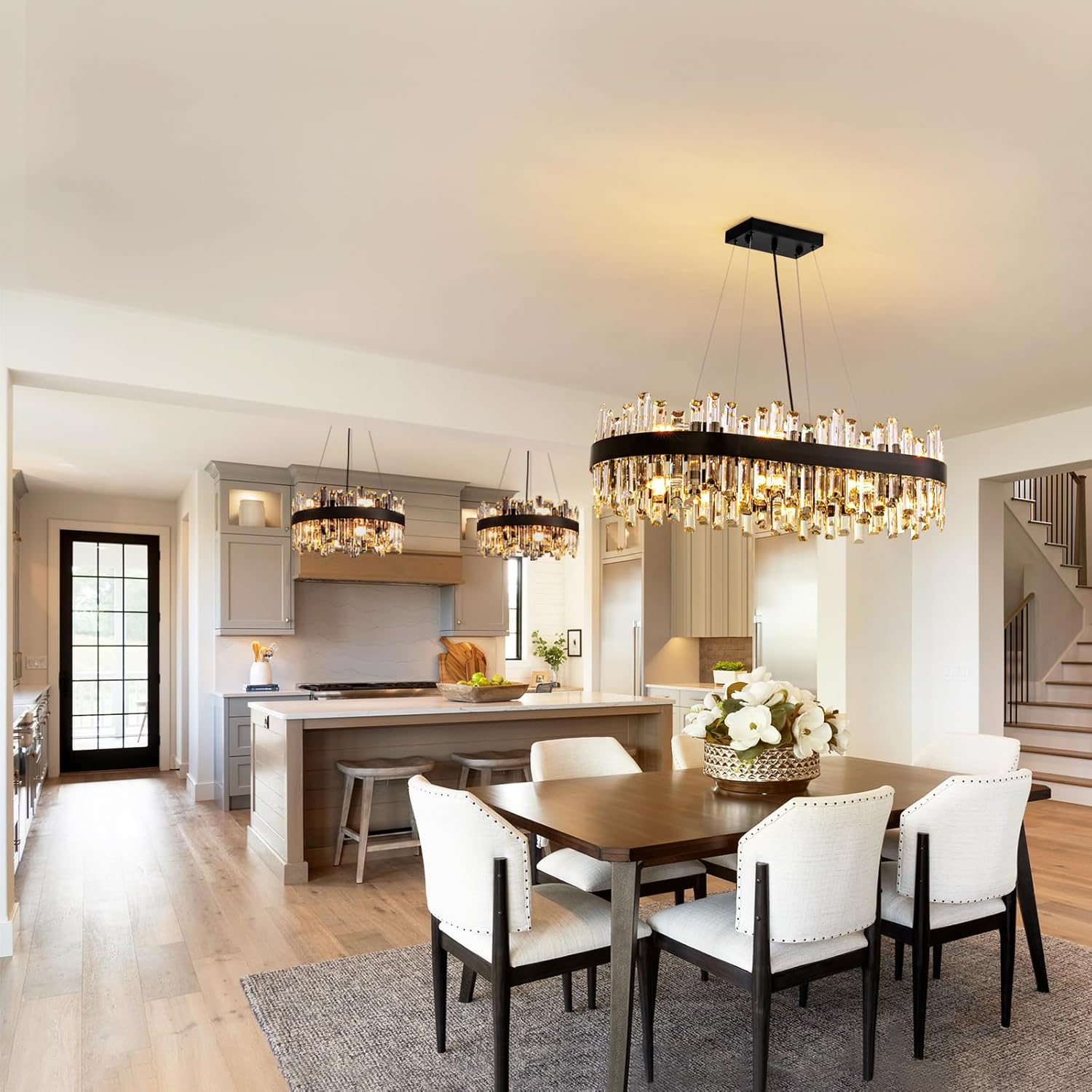 Modern Black Rectangular Crystal Chandelier – E12 LED Linear Pendant Light for Dining Room or Kitchen Island