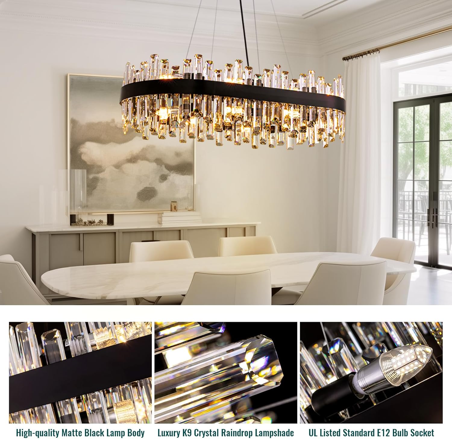 Modern Black Rectangular Crystal Chandelier – E12 LED Linear Pendant Light for Dining Room or Kitchen Island