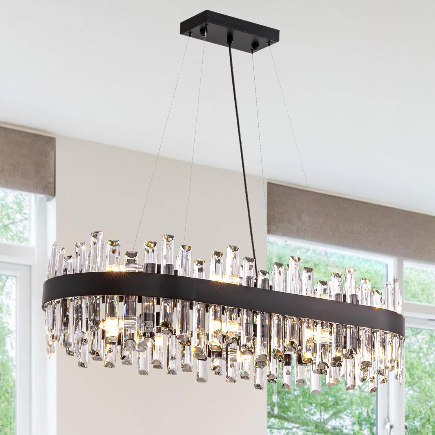Modern Black Rectangular Crystal Chandelier – E12 LED Linear Pendant Light for Dining Room or Kitchen Island