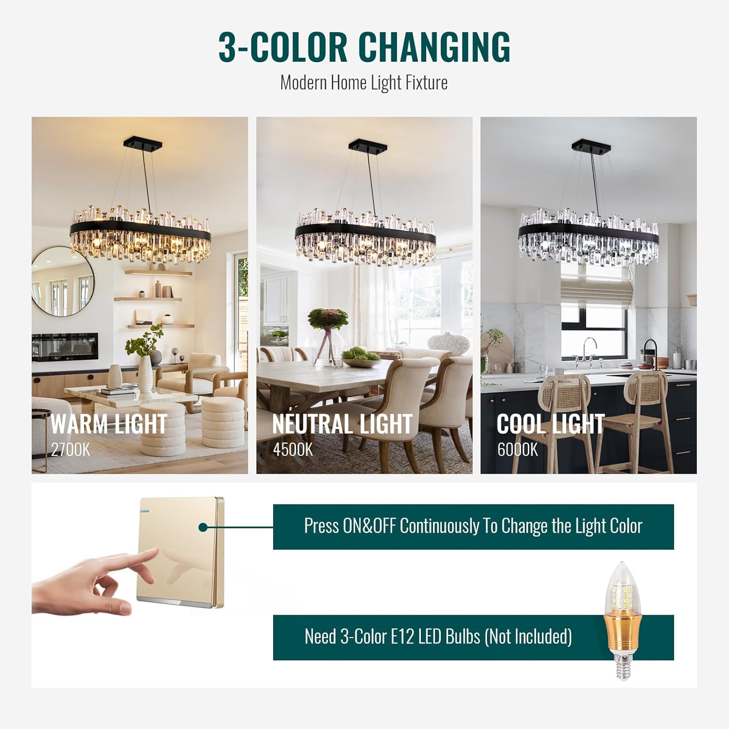 Modern Black Rectangular Crystal Chandelier – E12 LED Linear Pendant Light for Dining Room or Kitchen Island
