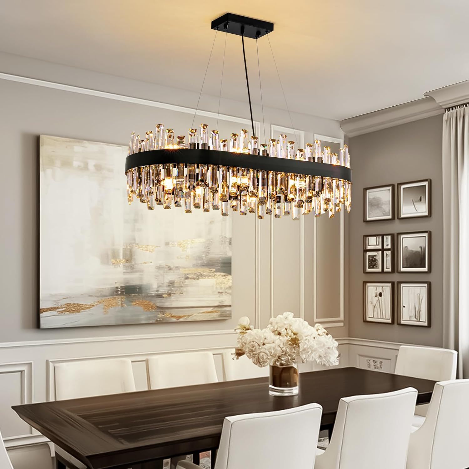 Modern Black Rectangular Crystal Chandelier – E12 LED Linear Pendant Light for Dining Room or Kitchen Island