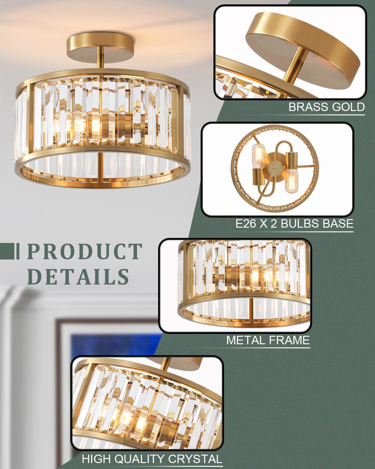 Modern Brass Gold Crystal Flush Mount Ceiling Light E26