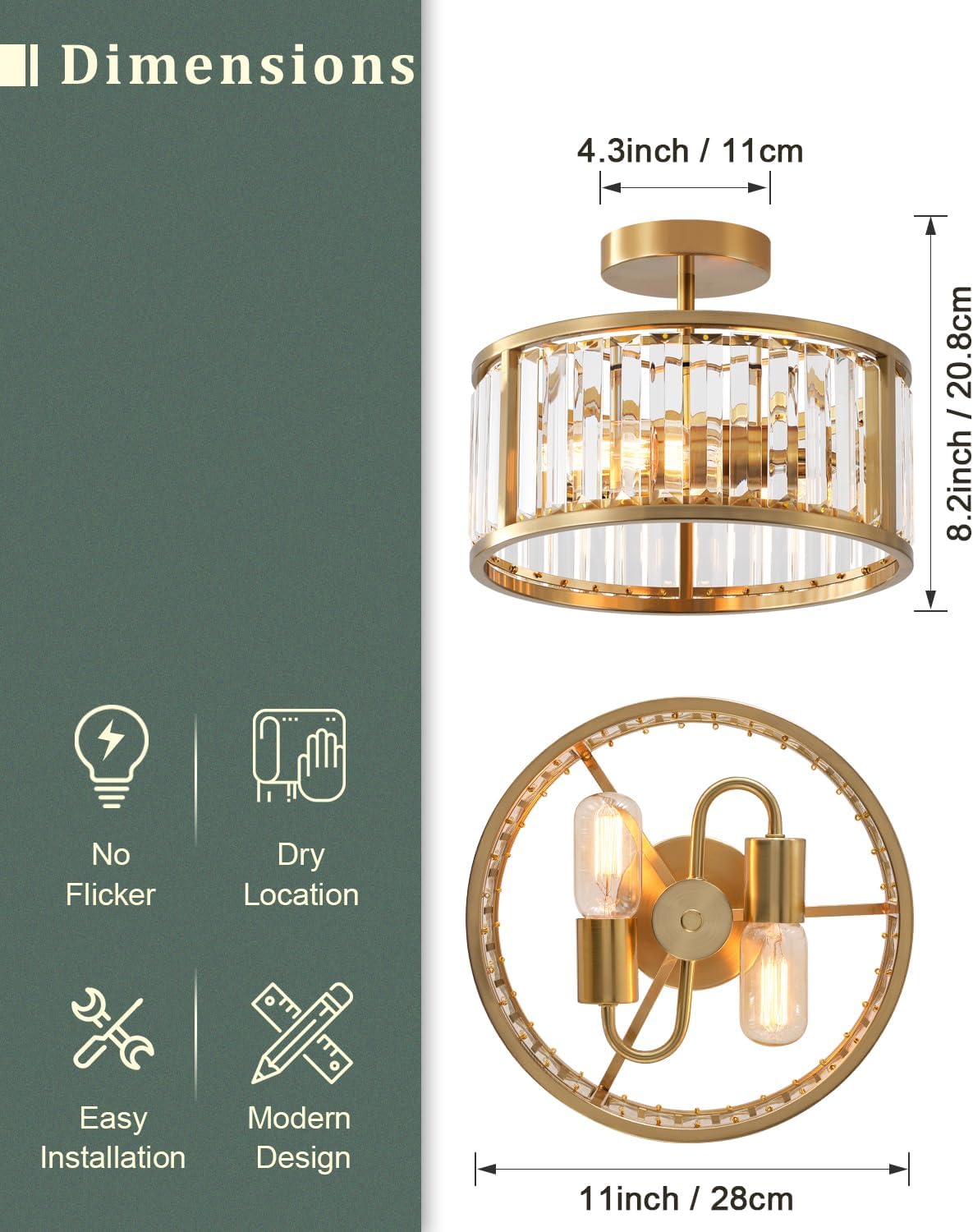 Modern Brass Gold Crystal Flush Mount Ceiling Light E26