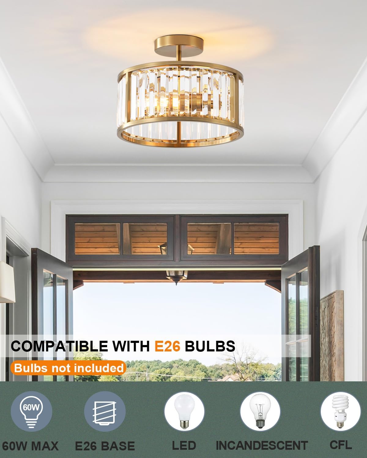 Modern Brass Gold Crystal Flush Mount Ceiling Light E26