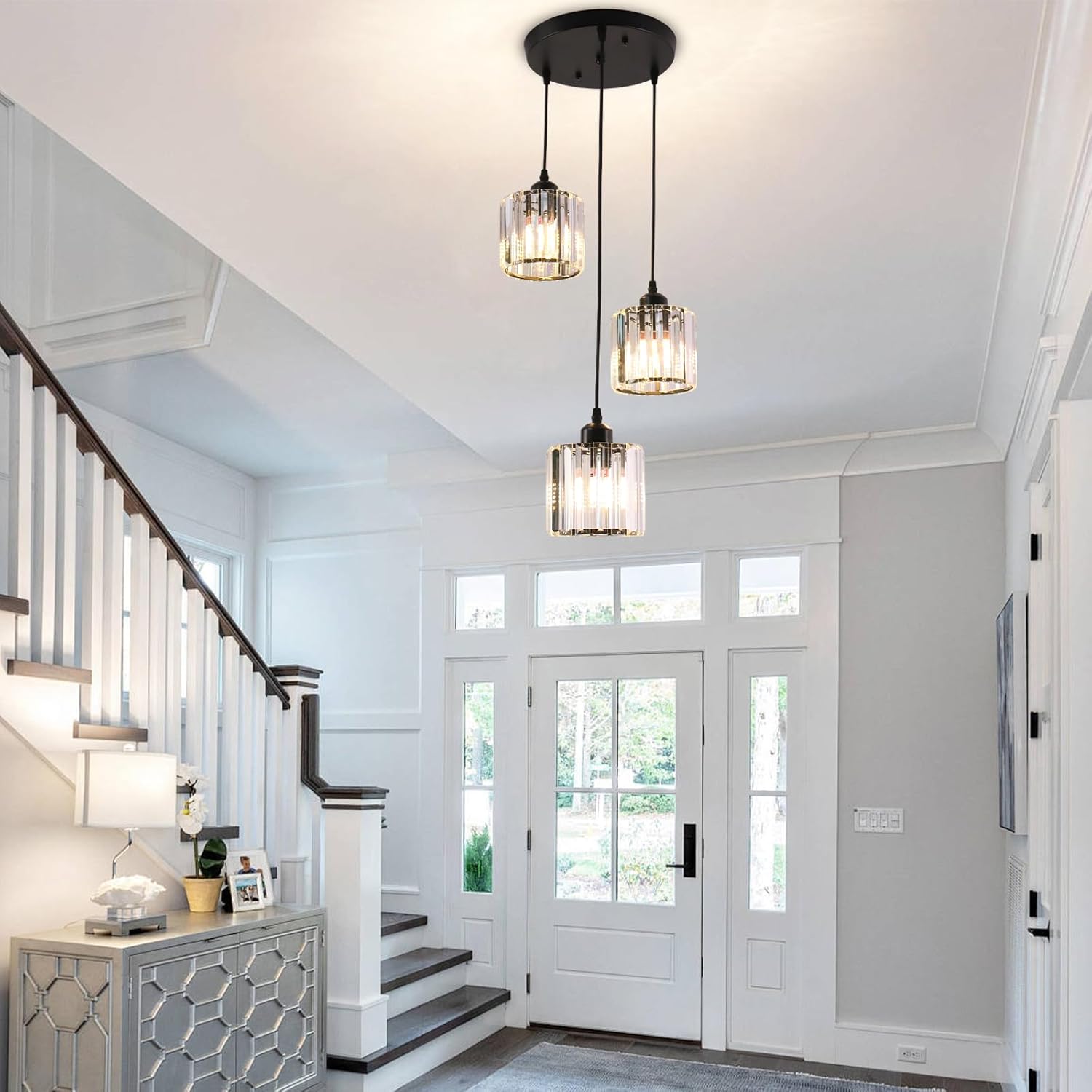 Modern 3-Light Crystal Pendant Chandelier Adjustable Hanging Ceiling Light for Staircase Entryway
