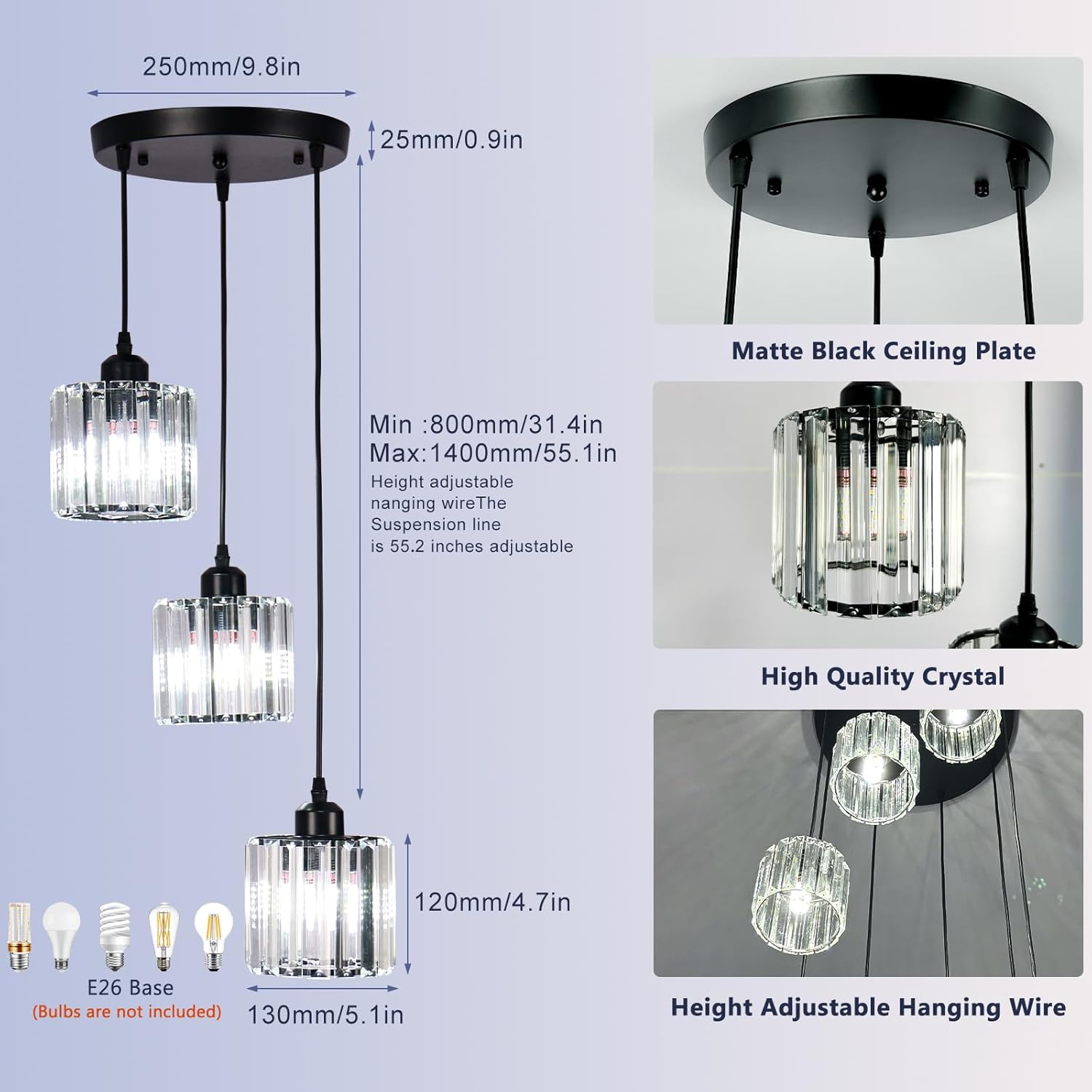 Modern 3-Light Crystal Pendant Chandelier Adjustable Hanging Ceiling Light for Staircase Entryway