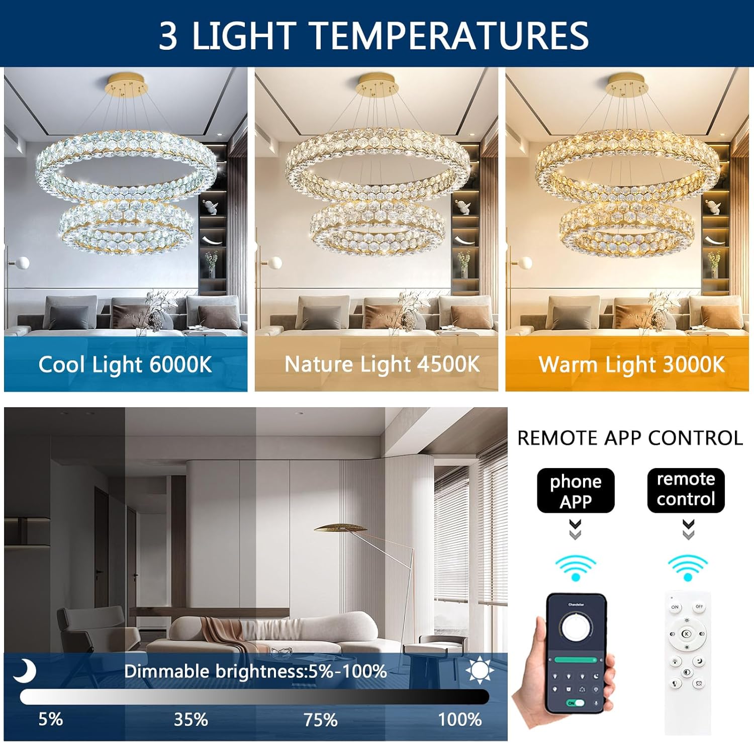 Modern Luxury Crystal Ring Chandelier – Dimmable LED Double Ring Pendant Light with Remote & APP
