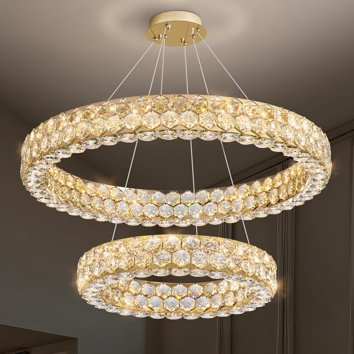 Modern Luxury Crystal Ring Chandelier – Dimmable LED Double Ring Pendant Light with Remote & APP