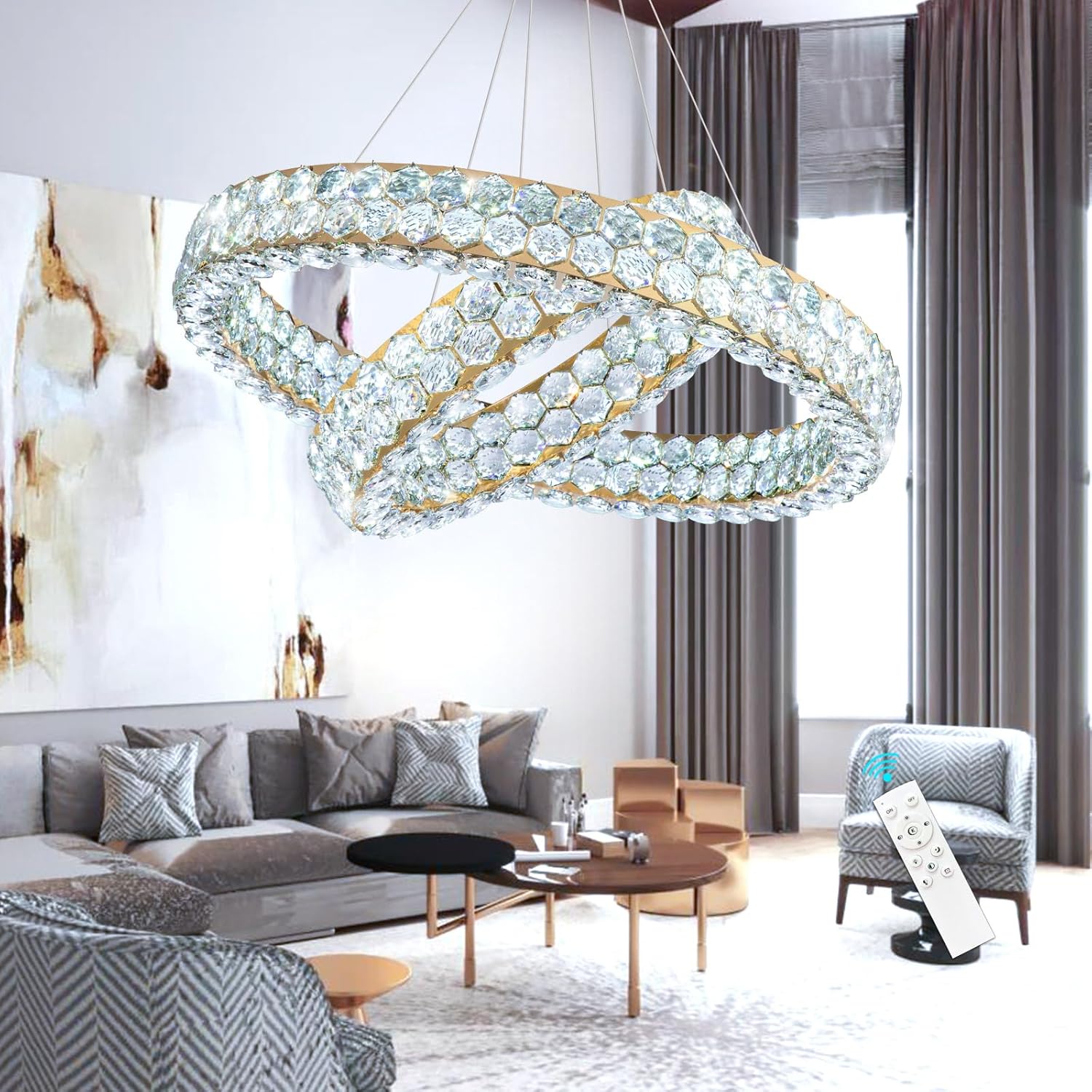 Modern Luxury Crystal Ring Chandelier – Dimmable LED Double Ring Pendant Light with Remote & APP