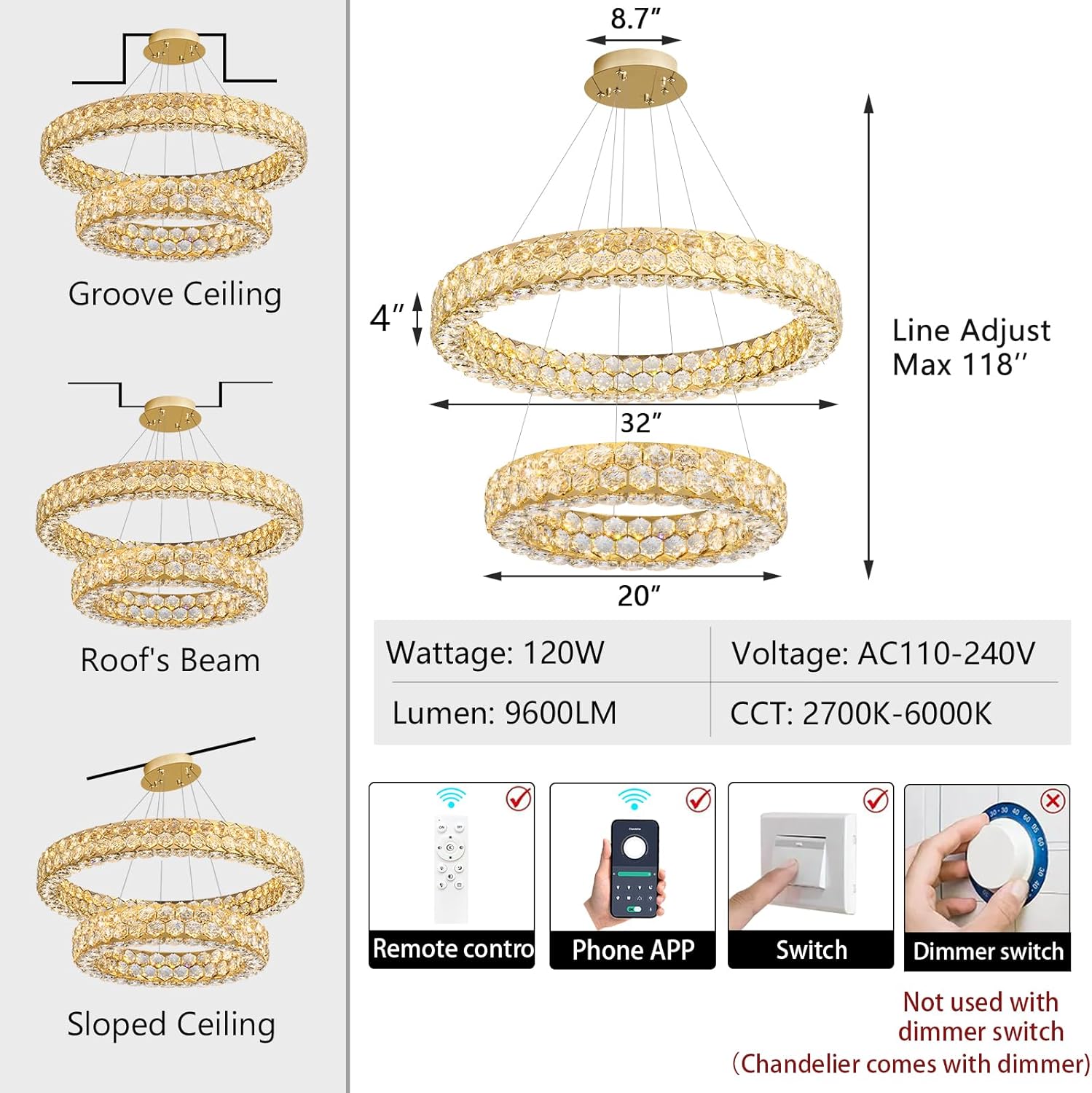 Modern Luxury Crystal Ring Chandelier – Dimmable LED Double Ring Pendant Light with Remote & APP