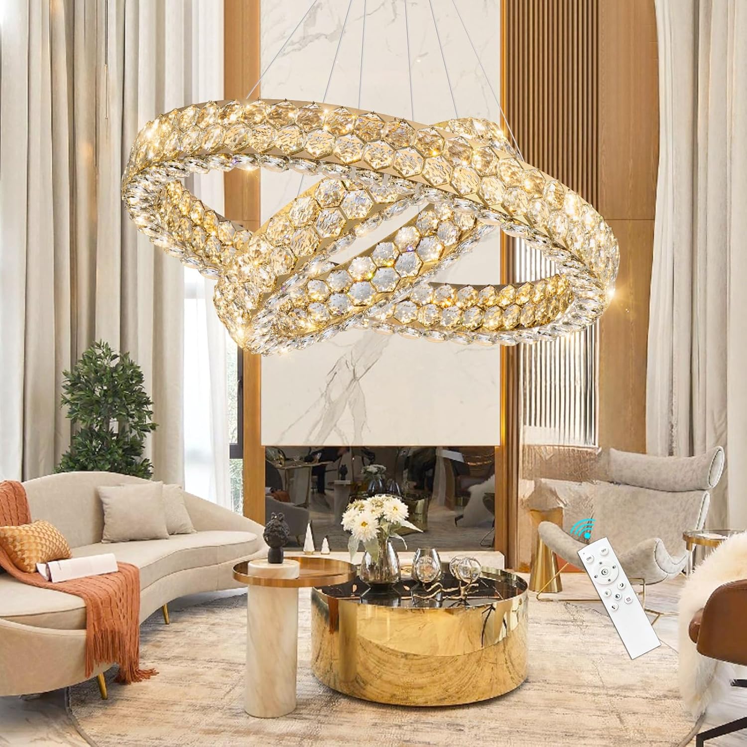 Modern Luxury Crystal Ring Chandelier – Dimmable LED Double Ring Pendant Light with Remote & APP