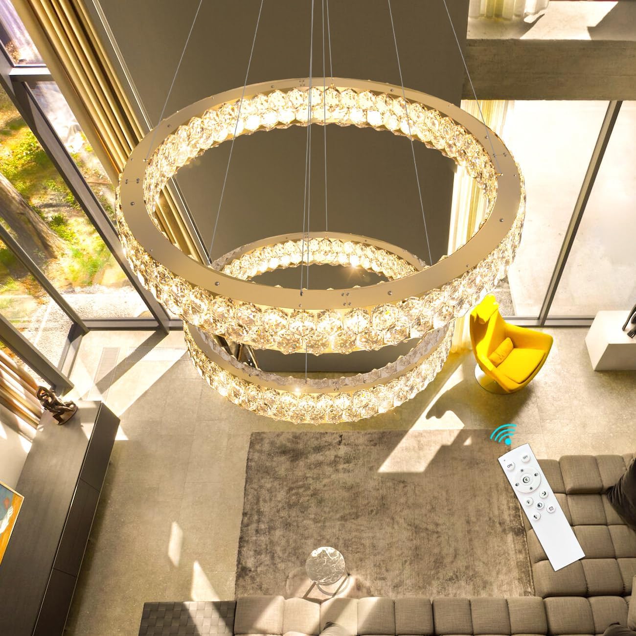 Modern Luxury Crystal Ring Chandelier – Dimmable LED Double Ring Pendant Light with Remote & APP