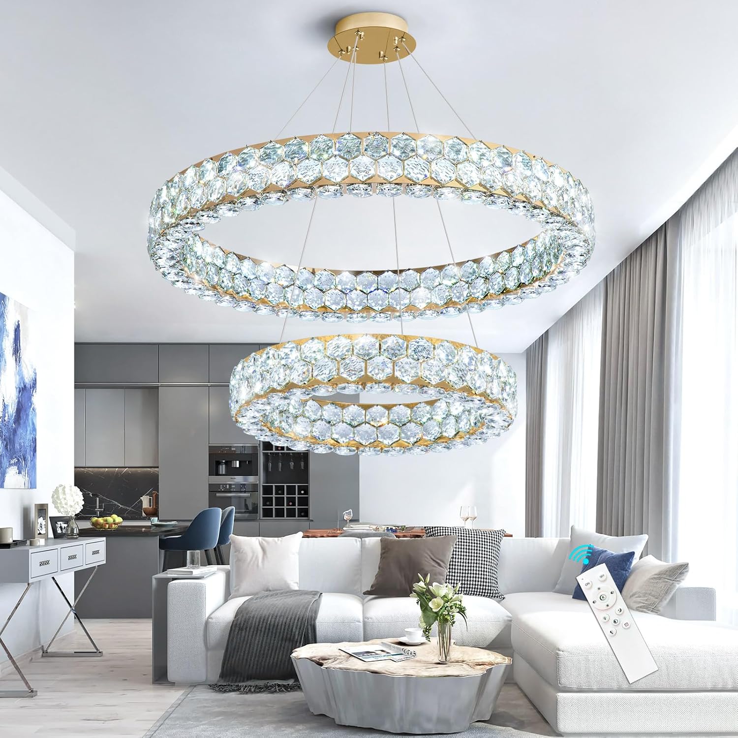 Modern Luxury Crystal Ring Chandelier – Dimmable LED Double Ring Pendant Light with Remote & APP