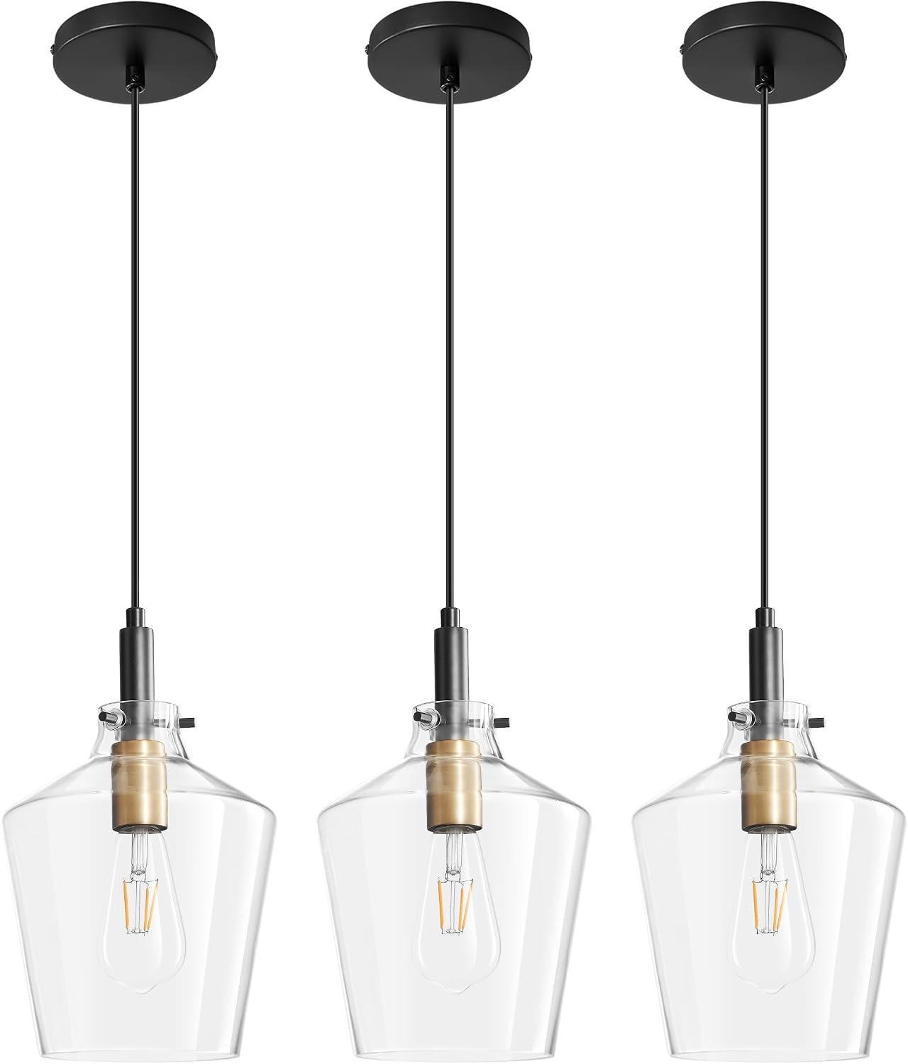Modern Clear Glass Pendant Light with Black Cord and Brass Accent E26 Adjustable Hanging Ceiling Lamp