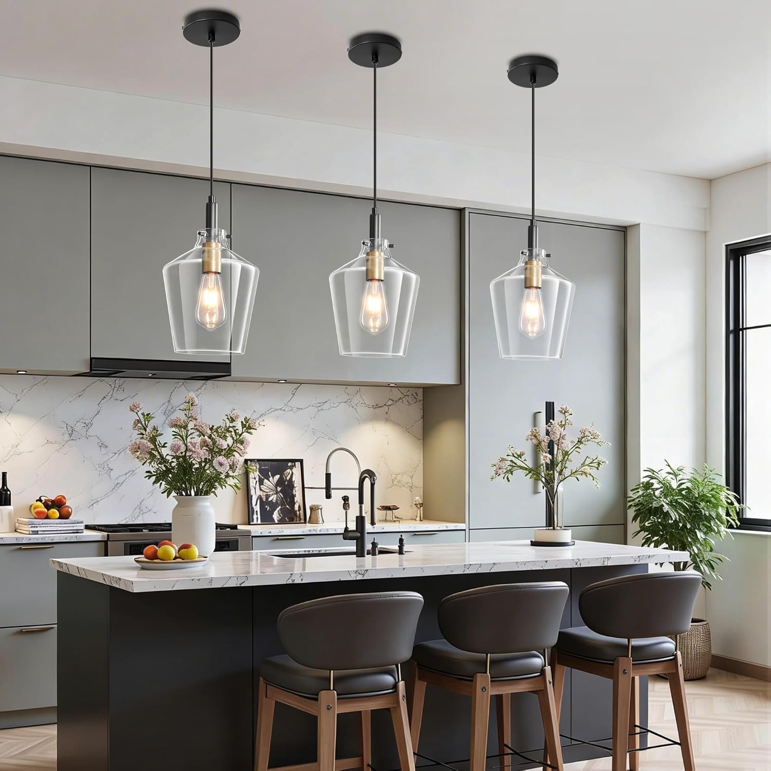 Modern Clear Glass Pendant Light with Black Cord and Brass Accent E26 Adjustable Hanging Ceiling Lamp