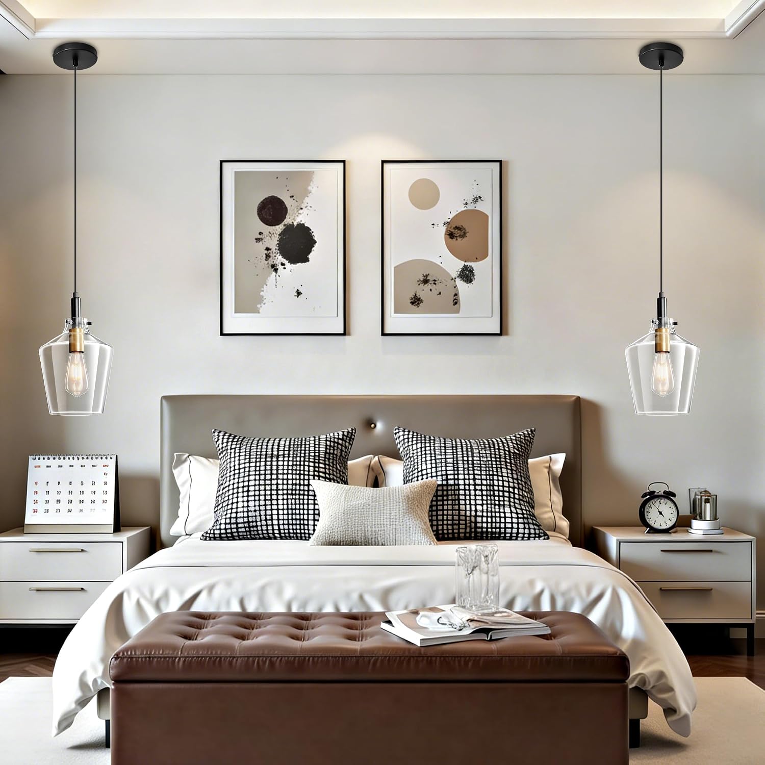 Modern Clear Glass Pendant Light with Black Cord and Brass Accent E26 Adjustable Hanging Ceiling Lamp