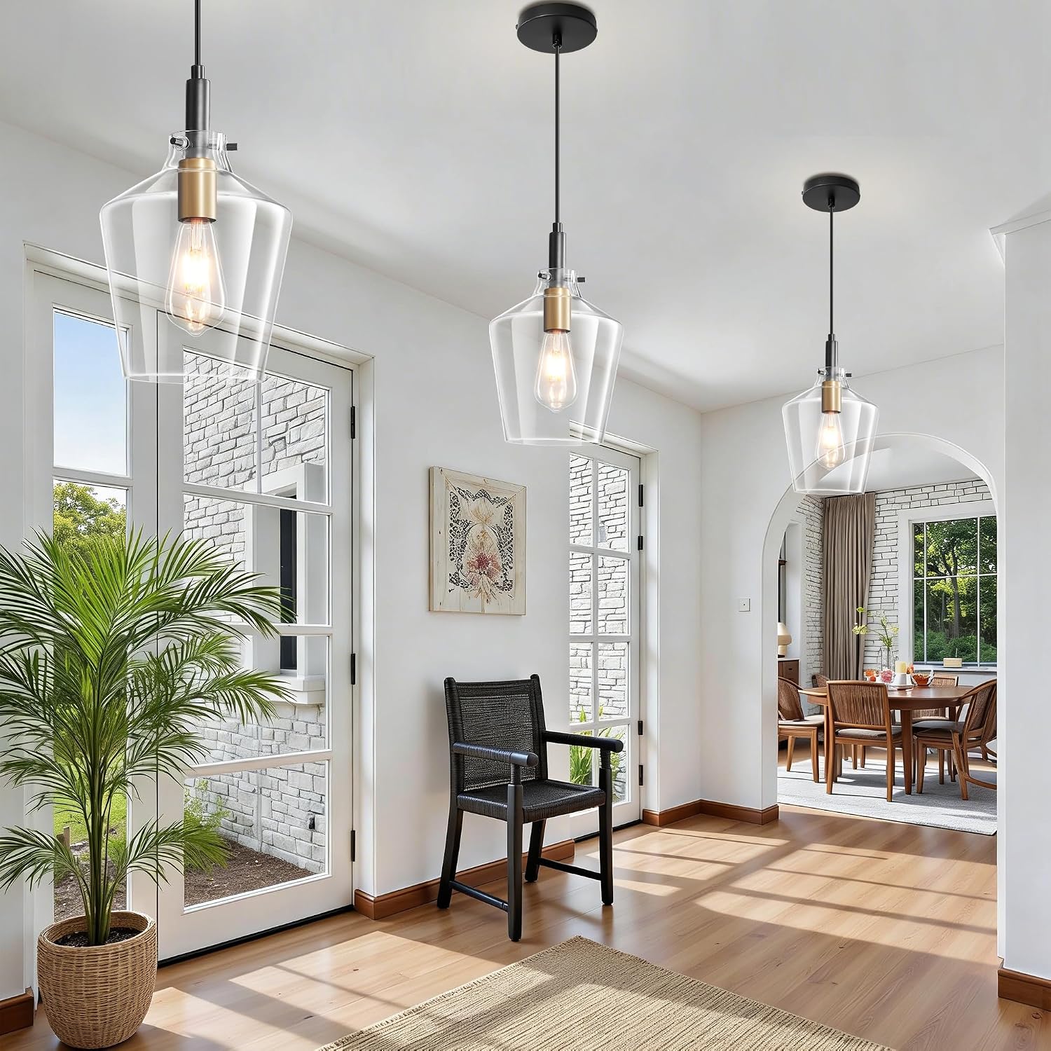 Modern Clear Glass Pendant Light with Black Cord and Brass Accent E26 Adjustable Hanging Ceiling Lamp