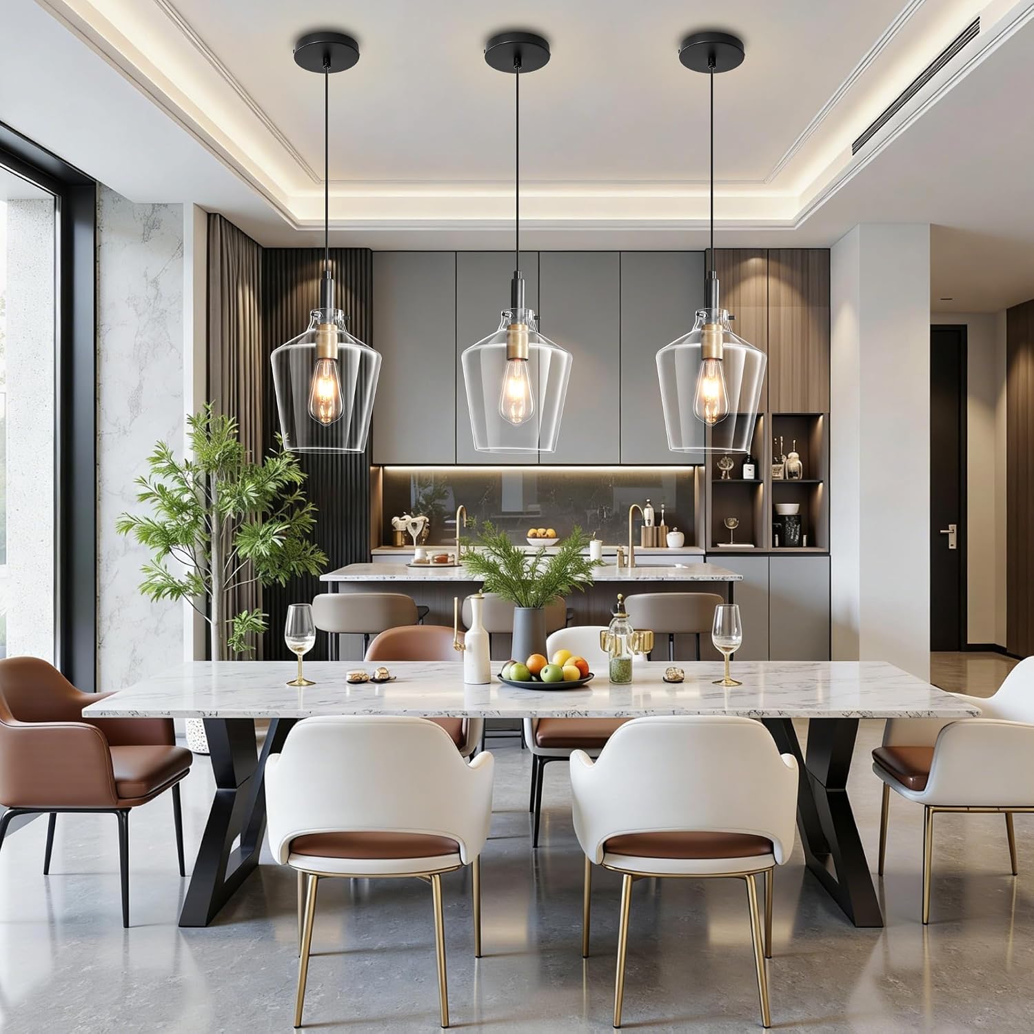 Modern Clear Glass Pendant Light with Black Cord and Brass Accent E26 Adjustable Hanging Ceiling Lamp
