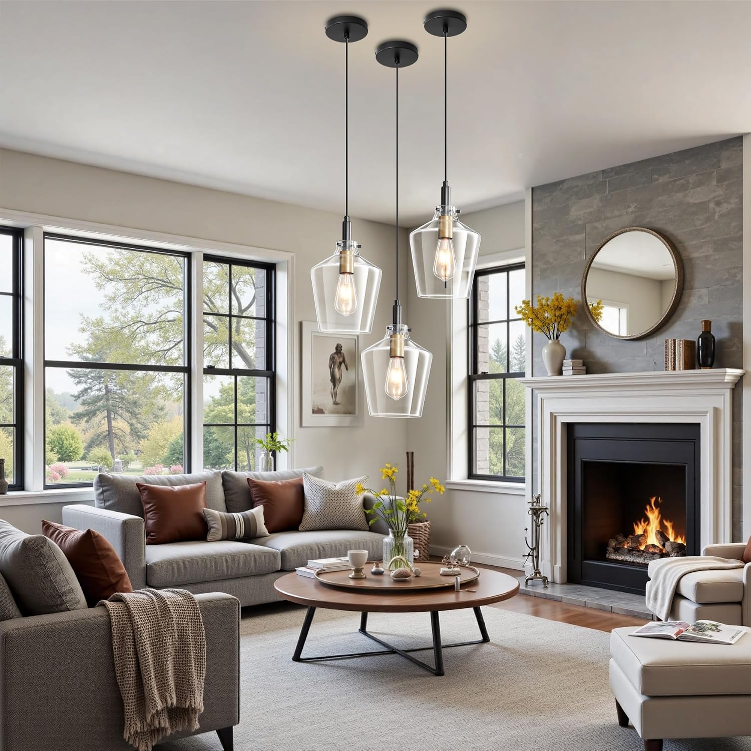 Modern Clear Glass Pendant Light with Black Cord and Brass Accent E26 Adjustable Hanging Ceiling Lamp