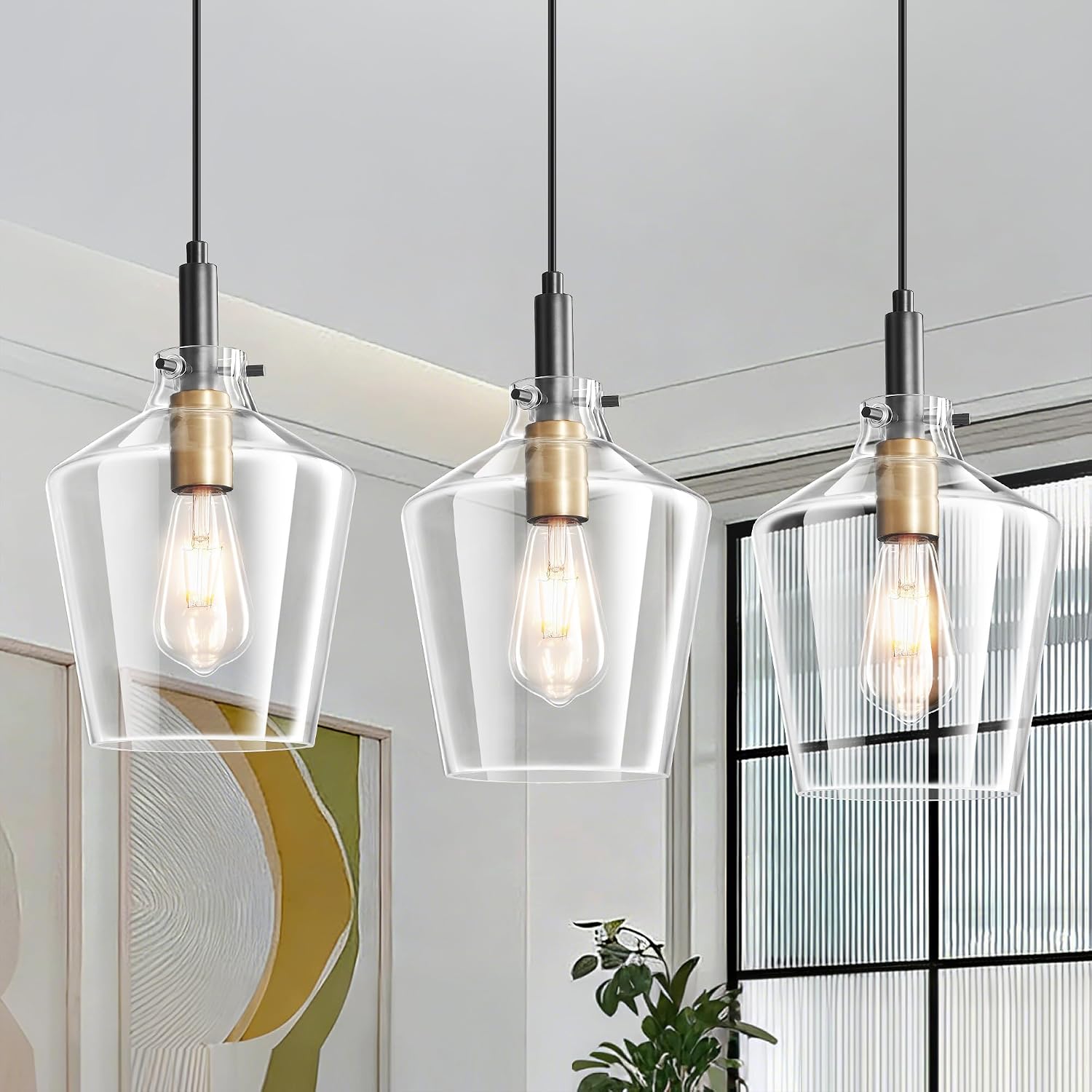 Modern Clear Glass Pendant Light with Black Cord and Brass Accent E26 Adjustable Hanging Ceiling Lamp