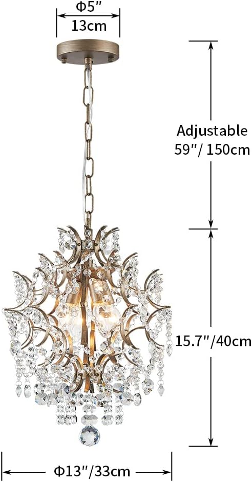 Elegant Crystal Mini Chandelier Pendant Light - Gold Finish, 13'' Diameter with Adjustable Chain