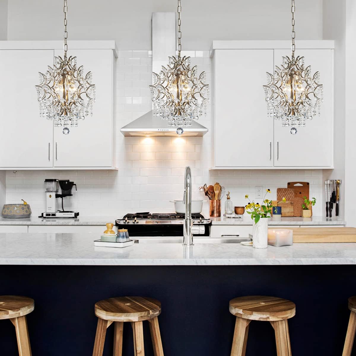 Elegant Crystal Mini Chandelier Pendant Light - Gold Finish, 13'' Diameter with Adjustable Chain
