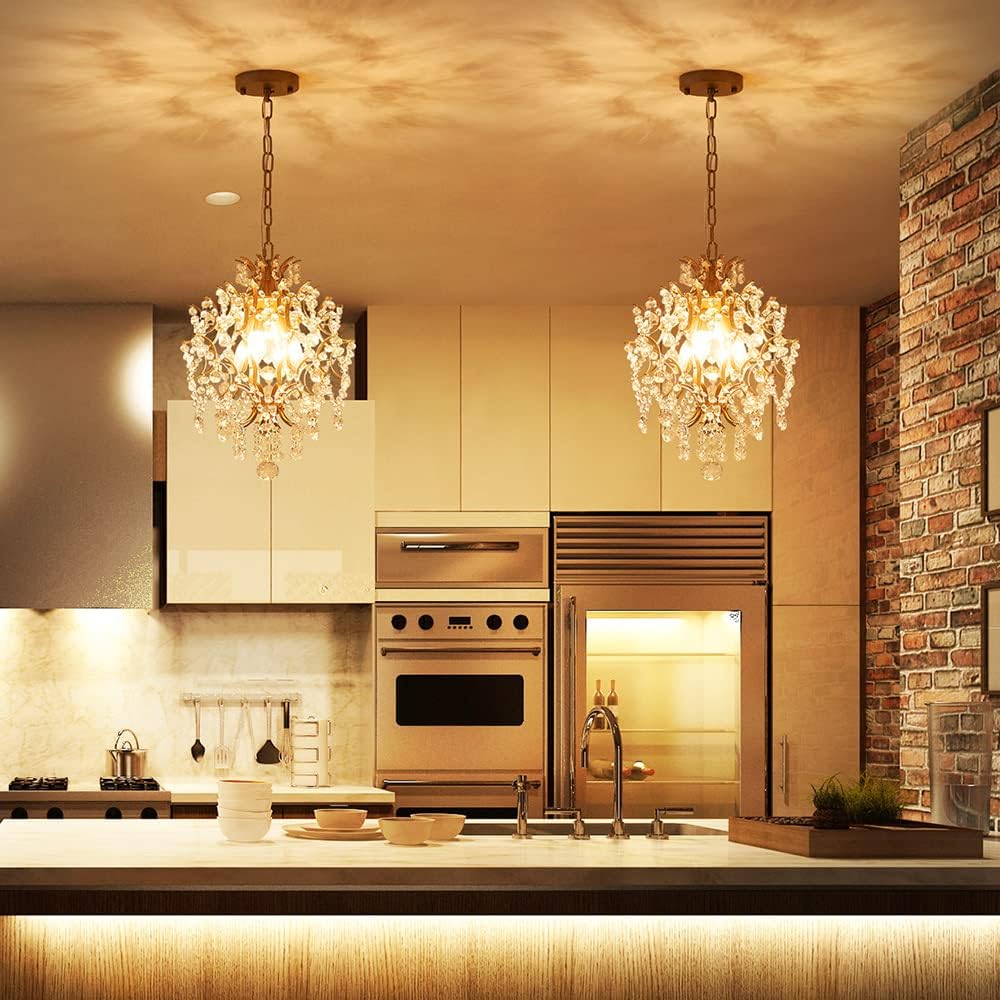 Elegant Crystal Mini Chandelier Pendant Light - Gold Finish, 13'' Diameter with Adjustable Chain