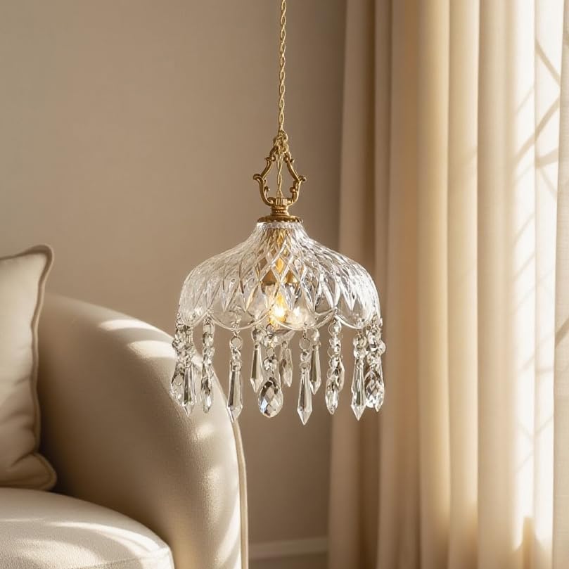 Vintage Crystal Pendant Light with Gold Finish, Adjustable Height, E26 Base – Elegant Glass Shade Ceiling Light for Kitchen Island, Bedroom, Hallway