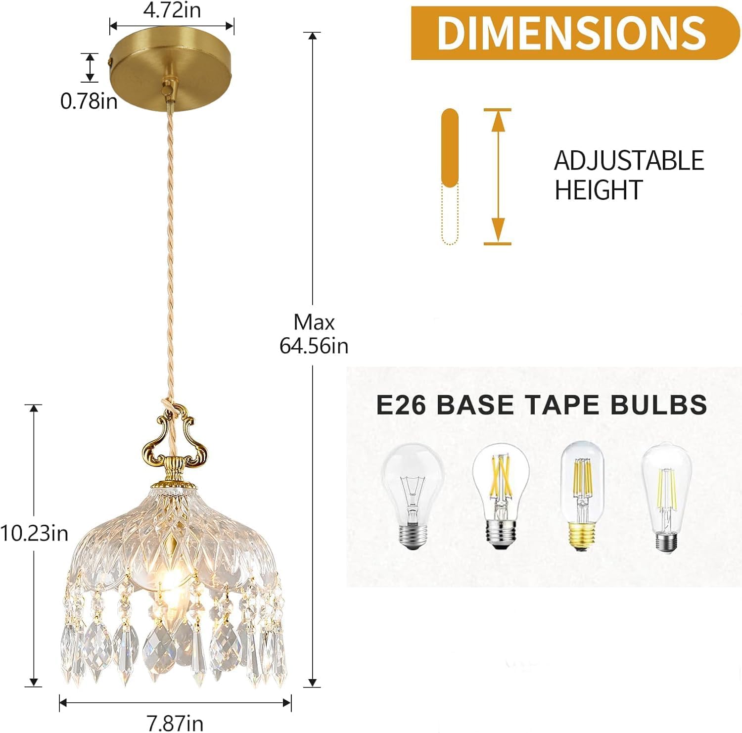 Vintage Crystal Pendant Light with Gold Finish, Adjustable Height, E26 Base – Elegant Glass Shade Ceiling Light for Kitchen Island, Bedroom, Hallway